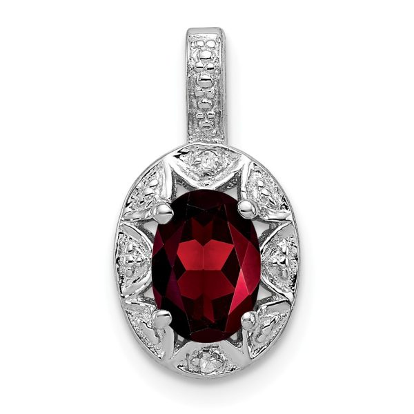 Rhodium Plated Sterling Silver, Garnet & Diamond Pendant, 8x16mm