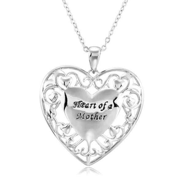 Rhodium Plated Sterling Silver Heart of a Mother Necklace, 18 Inch