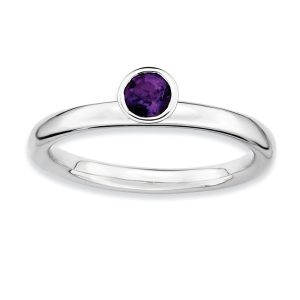 Rhodium Plated Sterling Silver High Profile 4mm Amethyst Ring, Size 8