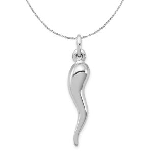 Rhodium Plated Sterling Silver Large 3D Italian Horn 7 x 35mm Necklace