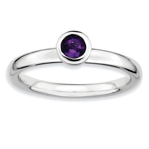 Rhodium Plated Sterling Silver Low Profile 4mm Amethyst Ring, Size 9