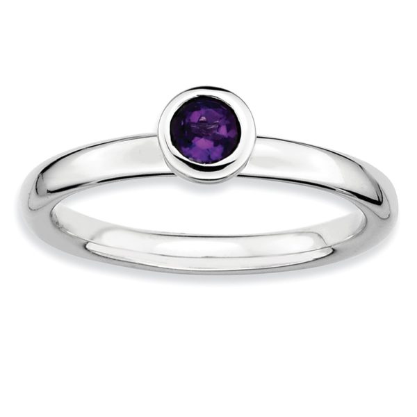 Rhodium Plated Sterling Silver Low Profile 4mm Amethyst Ring, Size 9