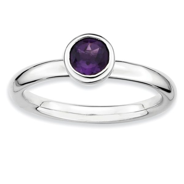 Rhodium Plated Sterling Silver Low Profile 5mm Amethyst Ring, Size 6