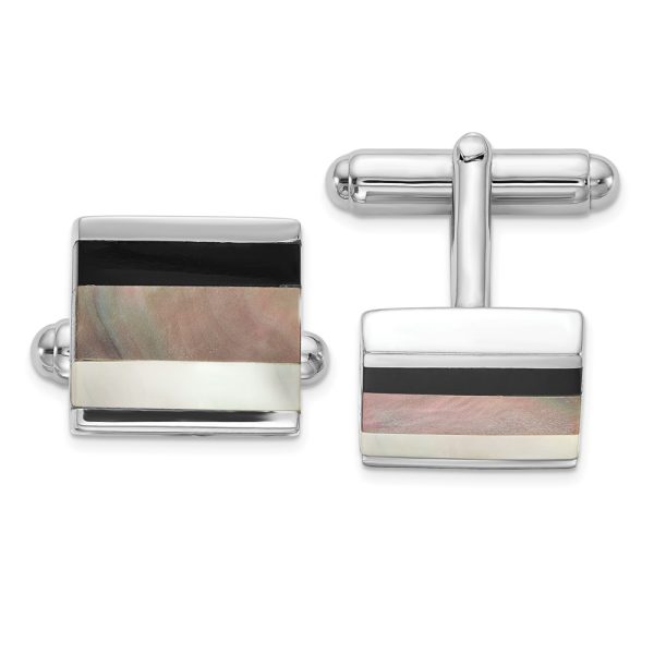 Rhodium Plated Sterling Silver, Onyx & White/Grey MOP Cuff Links, 13mm