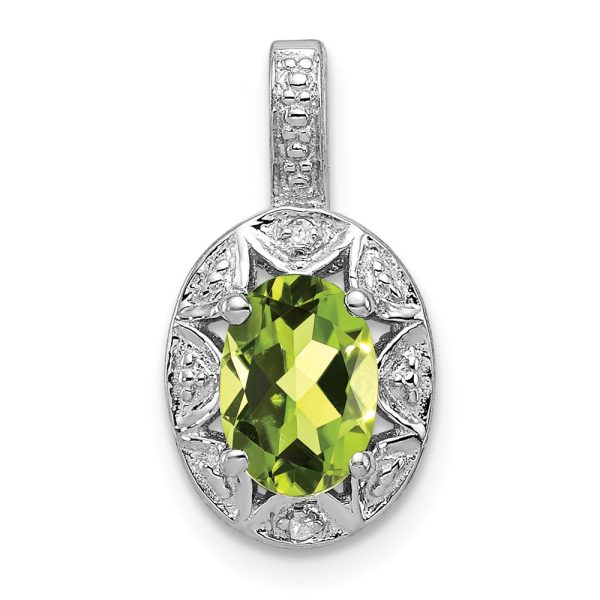 Rhodium Plated Sterling Silver, Peridot & Diamond Pendant, 8x16mm