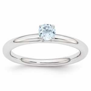 Rhodium Plated Sterling Silver Stackable 4mm Aquamarine Ring Size 5