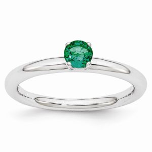 Rhodium Plated Sterling Silver Stackable 4mm Created Emerald Ring Sz 6