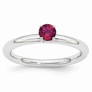 Rhodium Plated Sterling Silver Stackable 4mm Created Ruby Ring Size 6