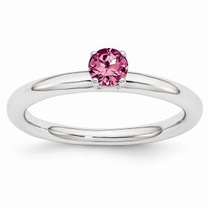 Rhodium Plated Sterling Silver Stackable 4mm Pink Tourmaline Ring Sz 9