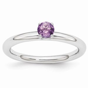 Rhodium Plated Sterling Silver Stackable 4mm Round Amethyst Ring Sz 5