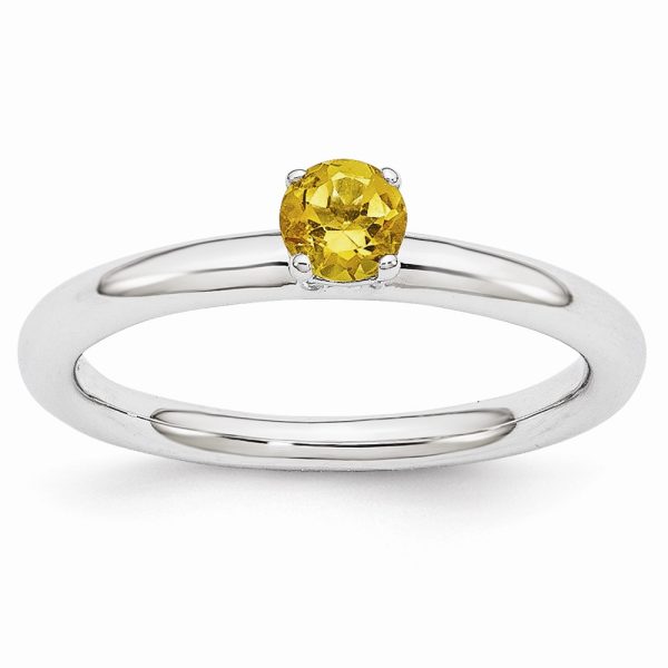 Rhodium Plated Sterling Silver Stackable 4mm Round Citrine Ring Size 6