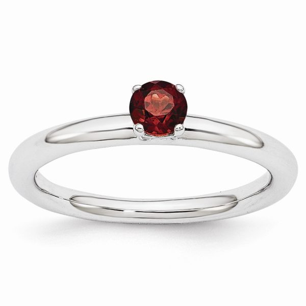 Rhodium Plated Sterling Silver Stackable 4mm Round Garnet Ring Size 10