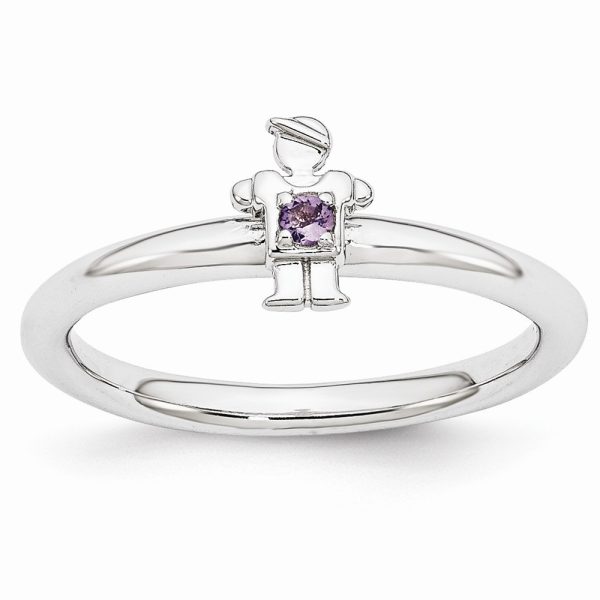 Rhodium Plated Sterling Silver Stackable Amethyst 7mm Boy Ring Size 5