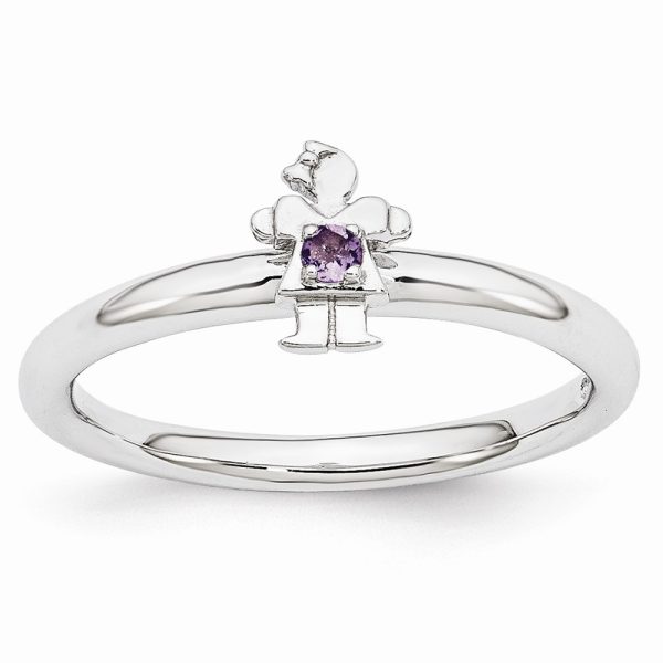 Rhodium Plated Sterling Silver Stackable Amethyst 7mm Girl Ring Size 9