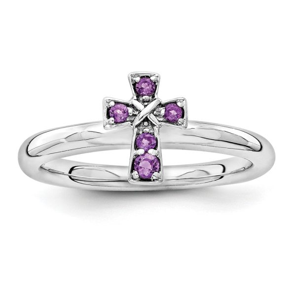 Rhodium Plated Sterling Silver Stackable Amethyst 9mm Cross Ring Sz 10