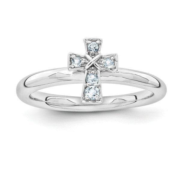 Rhodium Plated Sterling Silver Stackable Aquamarine 9mm Cross Ring Sz5