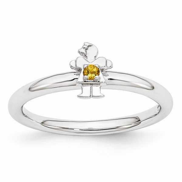 Rhodium Plated Sterling Silver Stackable Citrine 7mm Girl Ring Size10