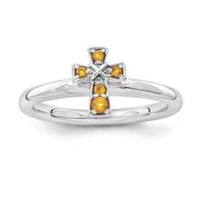 Rhodium Plated Sterling Silver Stackable Citrine 9mm Cross Ring Size 6