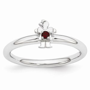 Rhodium Plated Sterling Silver Stackable Garnet 7mm Girl Ring Size 5