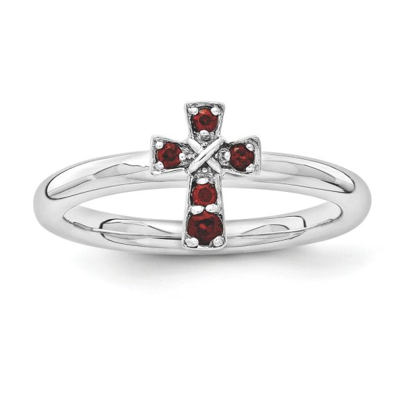 Rhodium Plated Sterling Silver Stackable Garnet 9mm Cross Ring Size 6