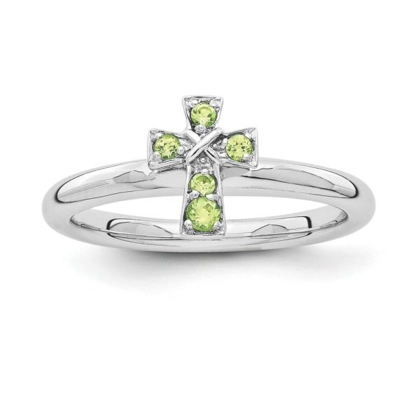 Rhodium Plated Sterling Silver Stackable Peridot 9mm Cross Ring Size 7