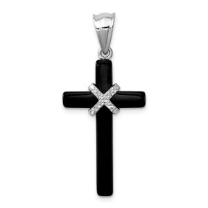 Rhodium-Plated Sterling Silver & Black Onyx Cross Pendant, 16 x 37mm