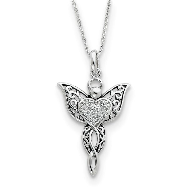 Rhodium Plated Sterling Silver & CZ Angel of Blessing Necklace, 18in