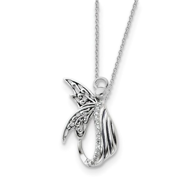 Rhodium Plated Sterling Silver & CZ Angel of Perseverance Necklace