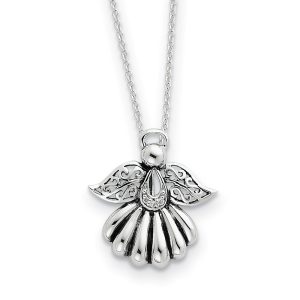 Rhodium Plated Sterling Silver & CZ Angel of Remembrance Necklace