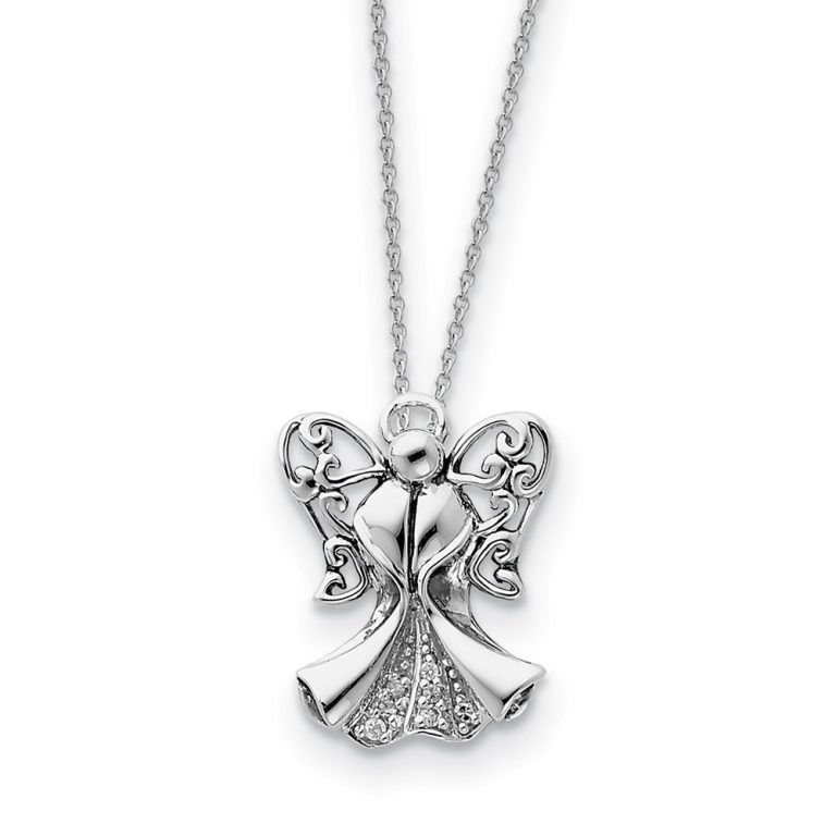 Rhodium Plated Sterling Silver & CZ Angel of Strength Necklace, 18in