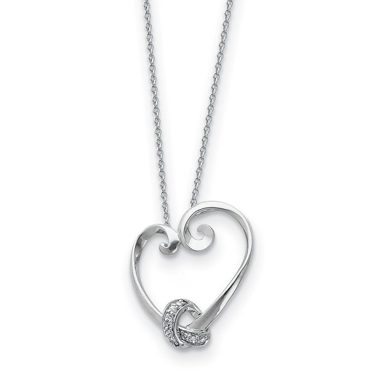 Rhodium Plated Sterling Silver & CZ Love Knots Heart Necklace, 18 Inch