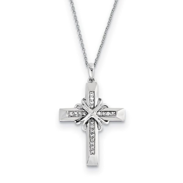 Rhodium Plated Sterling Silver & CZ Steadfast Love Cross Necklace, 18