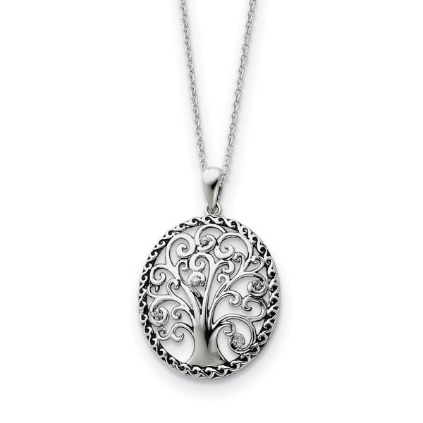 Rhodium Plated Sterling Silver & CZ Tree of Life Necklace, 18 Inch