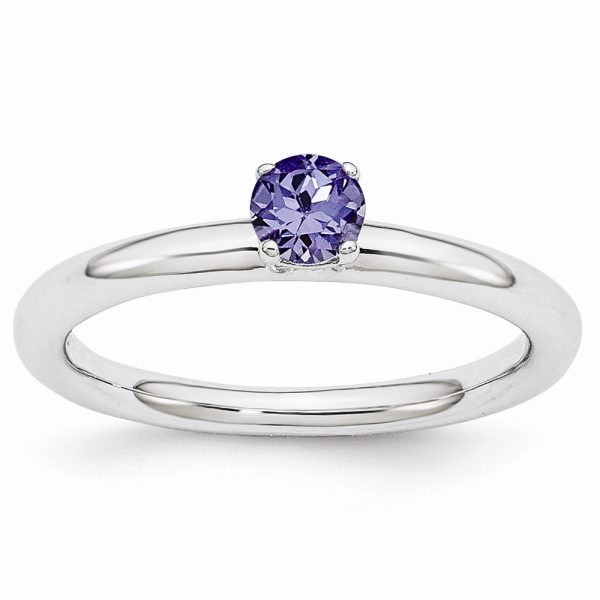 Rhodium Sterling Silver Stackable 4mm Created Sapphire Ring Size 5