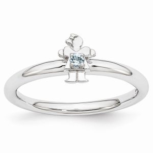 Rhodium Sterling Silver Stackable Aquamarine 7mm Girl Ring Size 9