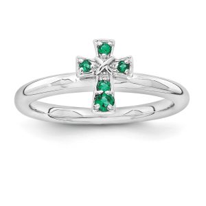 Rhodium Sterling Silver Stackable Created Emerald 9mm Cross Ring Sz 10