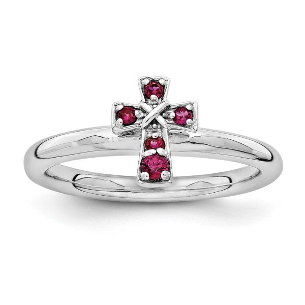 Rhodium Sterling Silver Stackable Created Ruby 9mm Cross Ring Sz 10