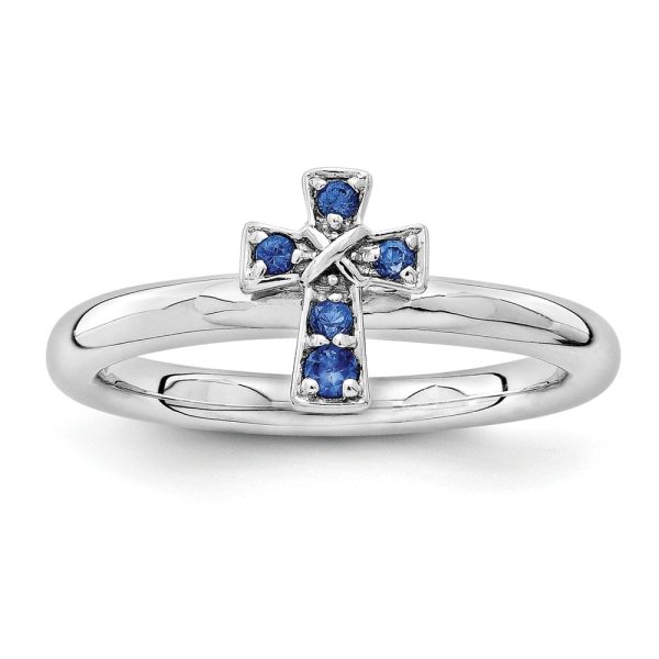 Rhodium Sterling Silver Stackable Created Sapphire 9mm Cross Ring Sz 7