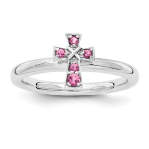 Rhodium Sterling Silver Stackable Pink Tourmaline 9mm Cross Ring Sz 5