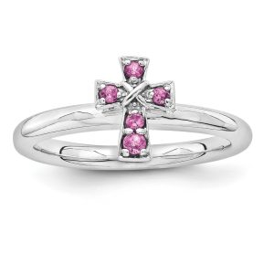 Rhodium Sterling Silver Stackable Rhodolite Garnet 9mm Cross Ring Sz6