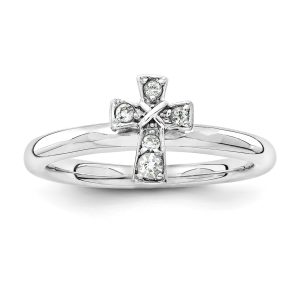 Rhodium Sterling Silver Stackable White Topaz 9mm Cross Ring Size 9