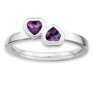 Rhodium Sterling Silver & Amethyst Stack 2 Stone Heart Ring, Sz 5