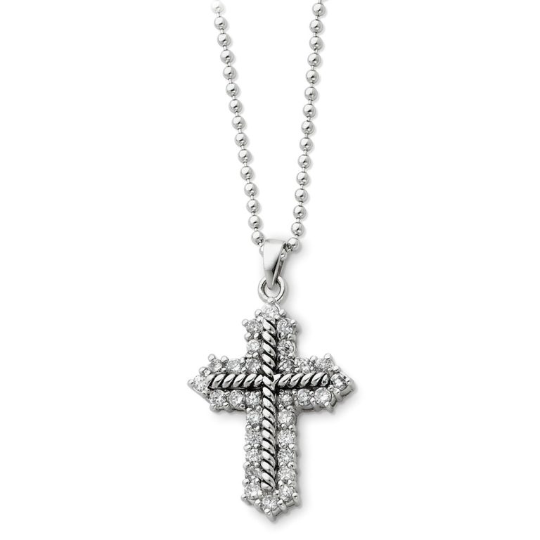 Rhodium Sterling Silver & CZ Eternal Perspective Cross Necklace, 18in