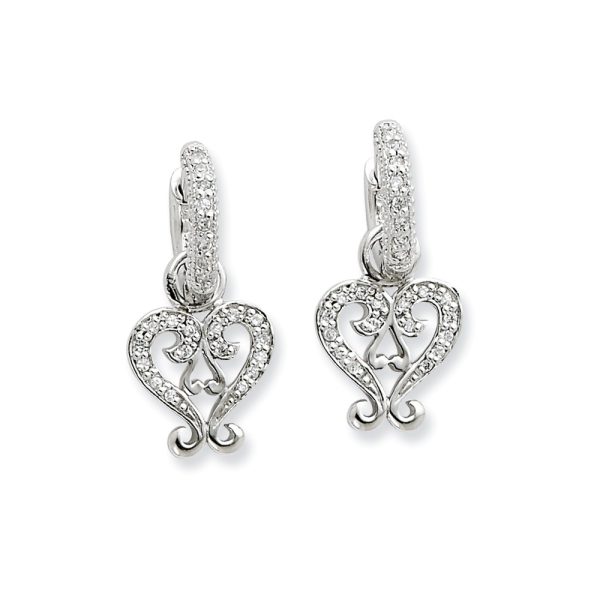 Rhodium Sterling Silver & CZ Heart, Hinged Hoop Earrings, 12 x 25mm