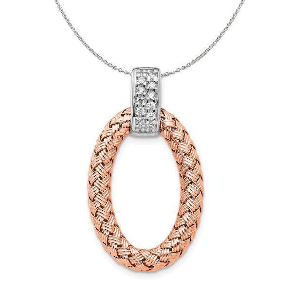 Rose Gold Tone Plated Silver & CZ Braided Oval 17 x 30mm Necklace