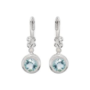 Round Aquamarine and Diamond Lever Back Earrings in 14k White Gold