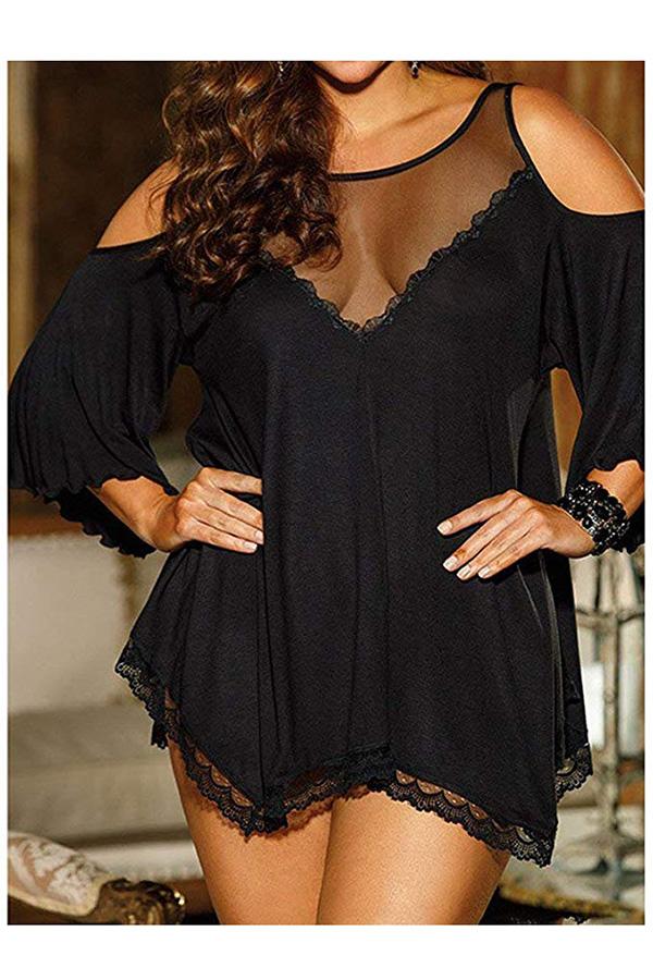 Sexy Mesh V Neck Cold Shoulder Irregular Plus Size Babydoll