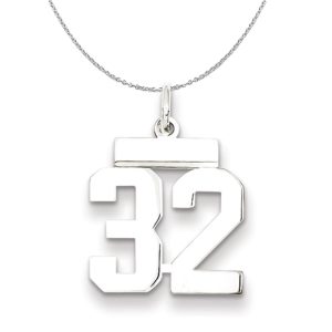 Silver, Athletic Collection Medium Polished Number 32 Necklace