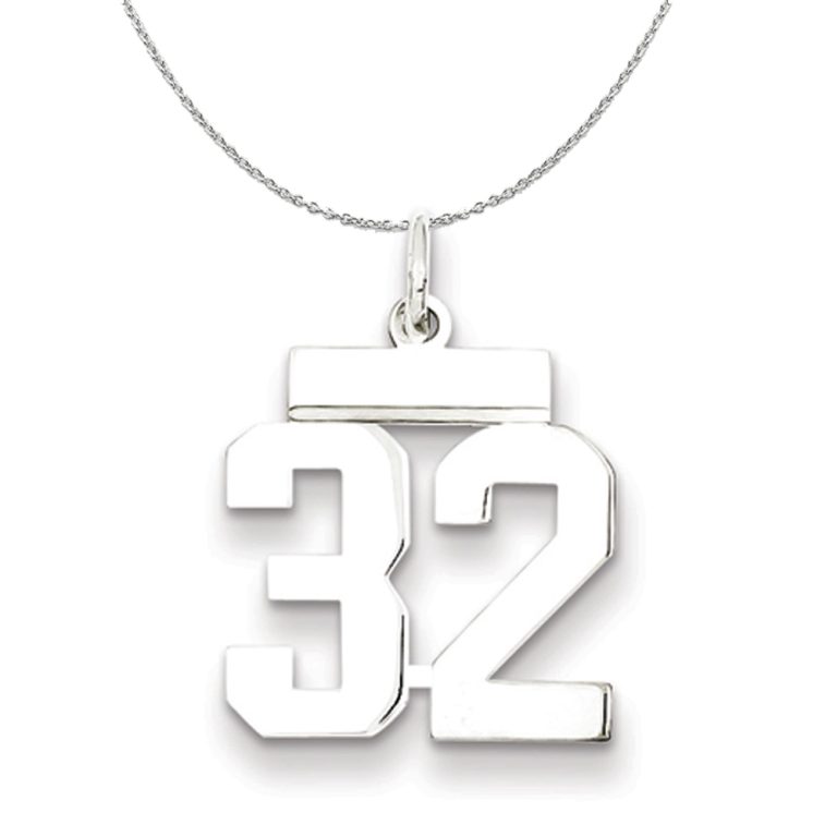 Silver, Athletic Collection Medium Polished Number 32 Necklace