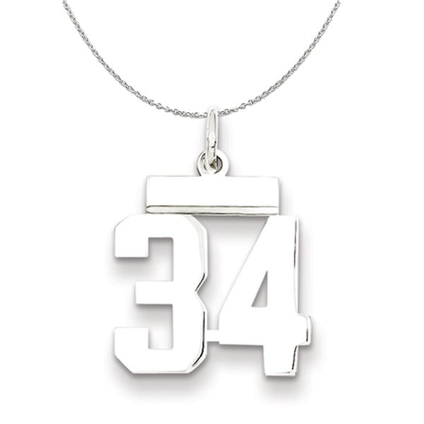 Silver, Athletic Collection Medium Polished Number 34 Necklace